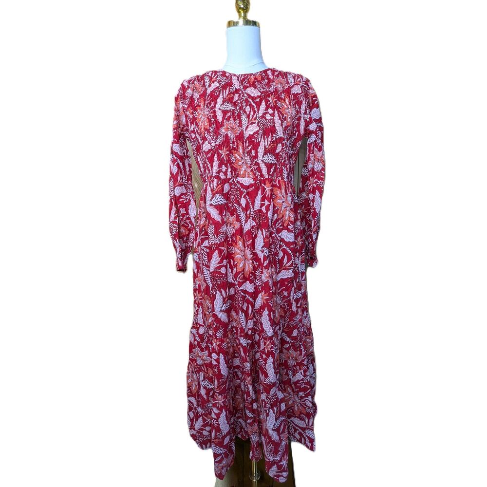 NWT Madison Mathews Red Orange Floral Midi Dress Sz L Relaxed Beachy Cottagecore